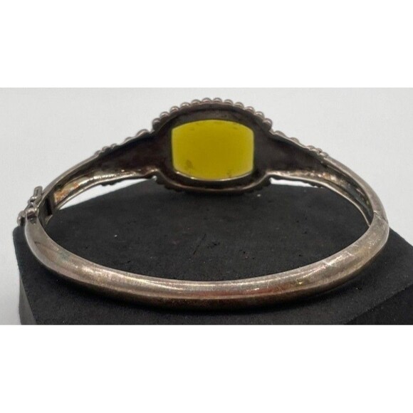 A925 Sterling Silver Yellow Stone Carved Flower Hinged Bangle Cuff Bracelet 7.5" - Picture 3 of 6